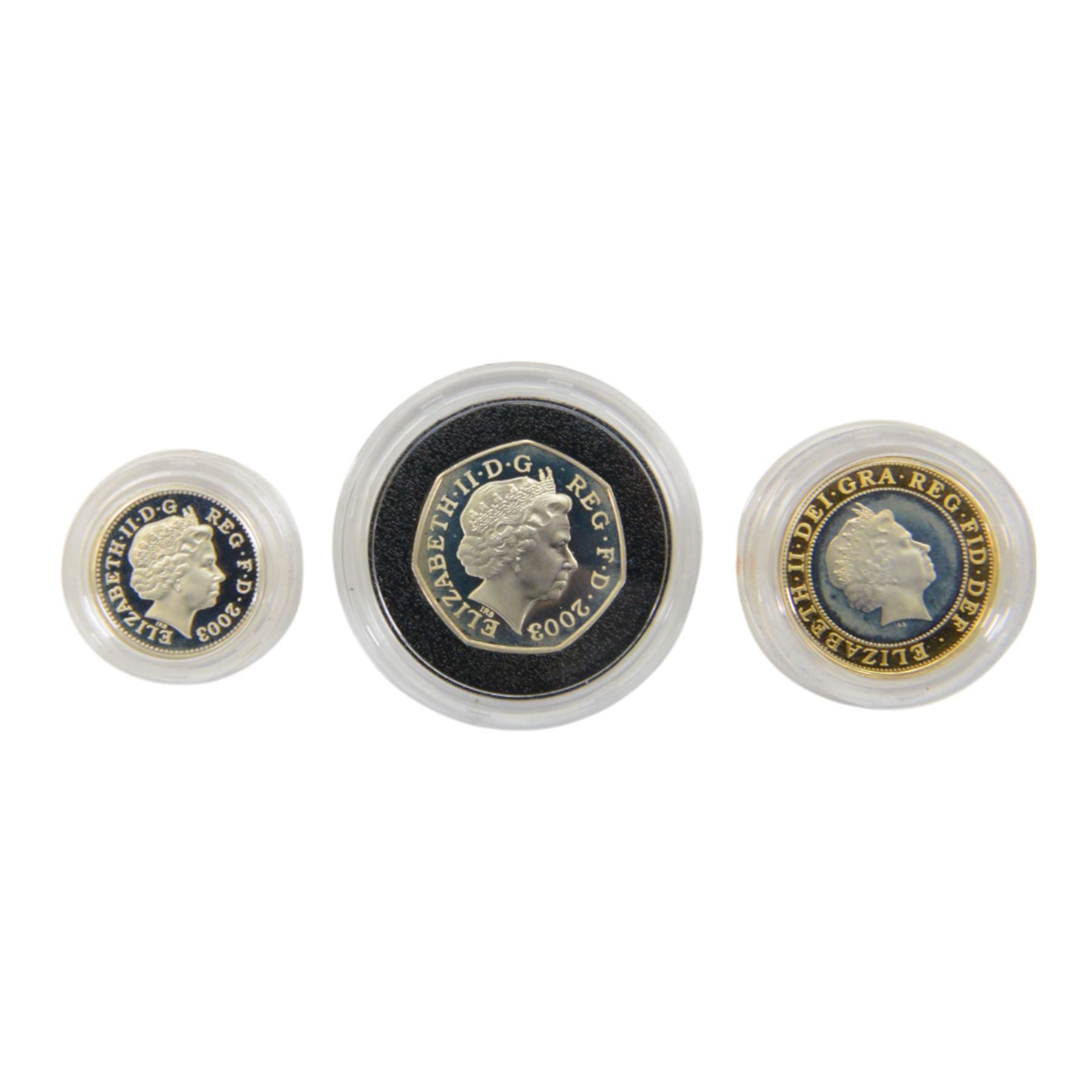 The Royal Mint United Kingdom 2003 and 2004 silver proof piedfort three coin collections, both cased with certificates