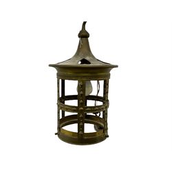 Early 20th century Arts & Crafts bras hall lantern, of cylindrical form with heart shaped piercing to the tapering cover, H41cm