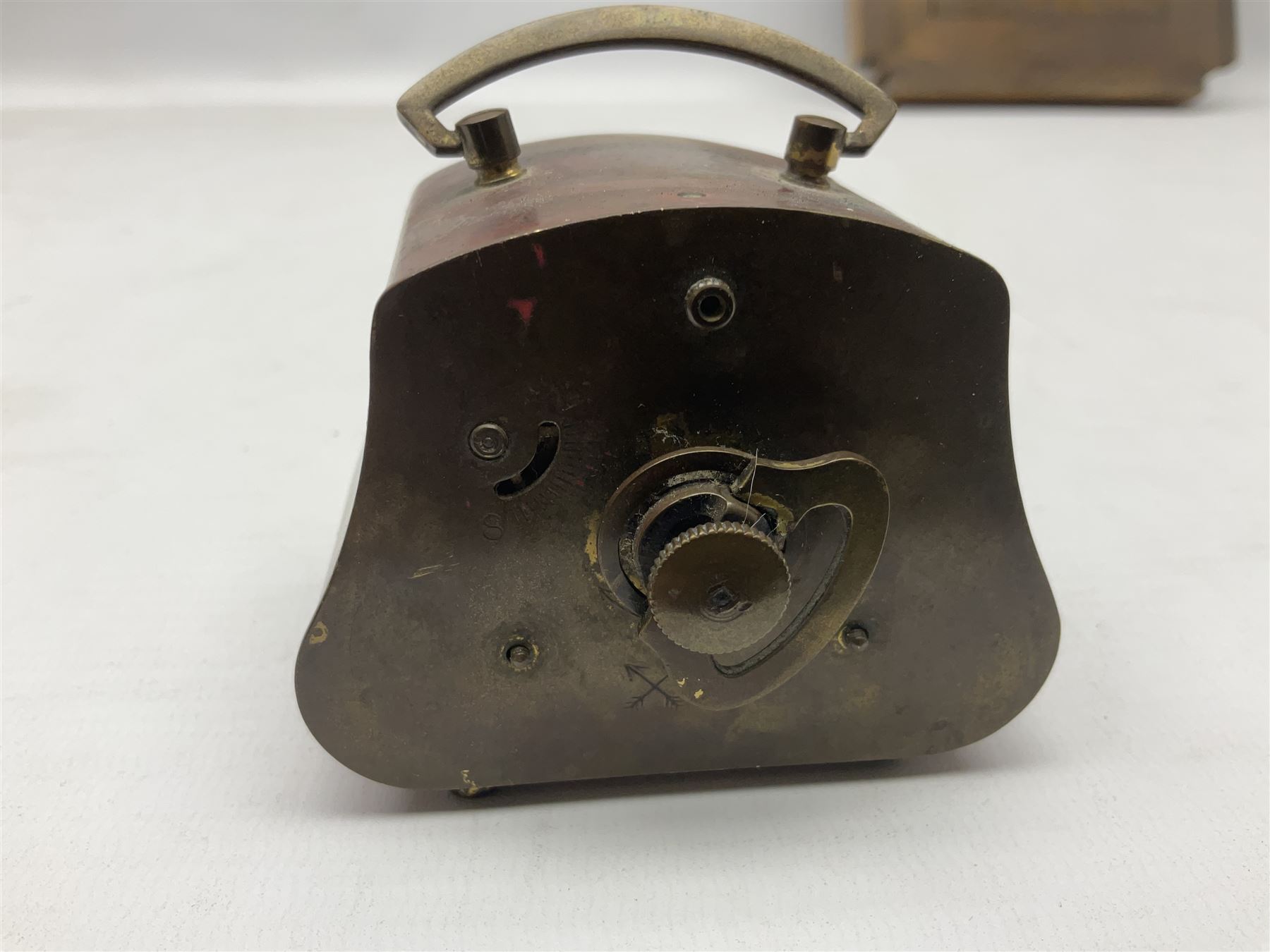 Smiths barometer in carved and stepped oak square case, together with a small copper 8 days clock with bevelled glass plate