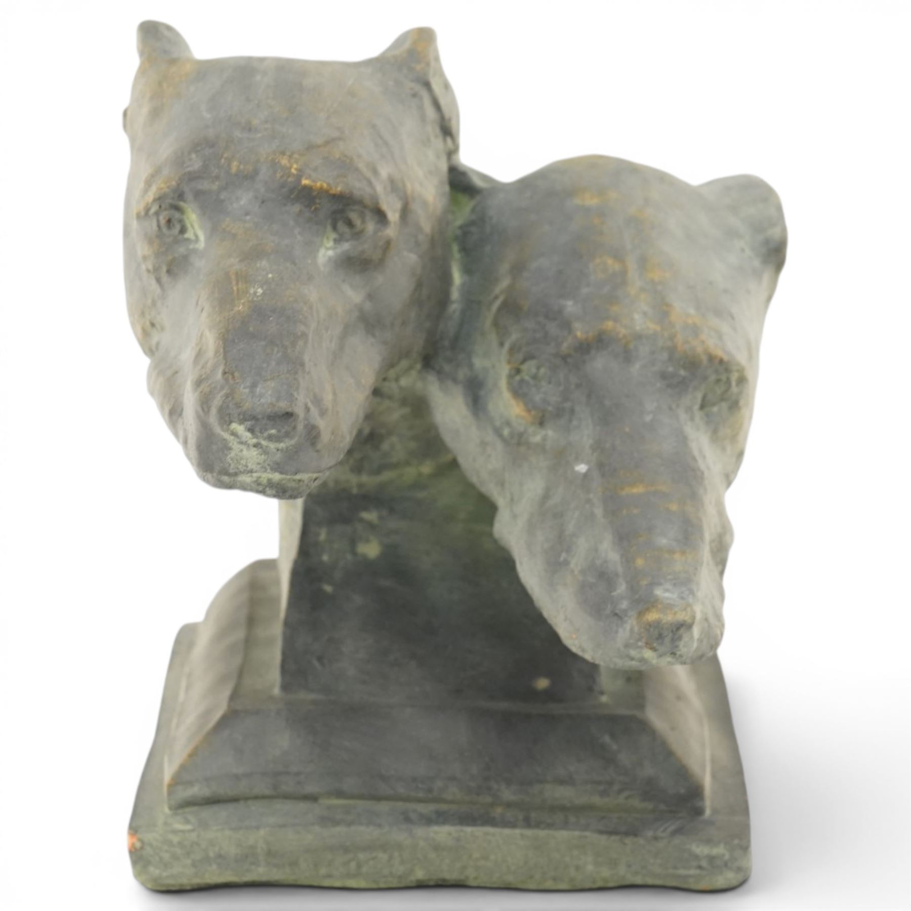 Composite stone statue group of two greyhound heads on stepped plinth base, in antique bronze finish