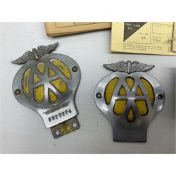 Gold plated leaping Jaguar car mascot, no.7'24265'3WB L12.5cm; three AA car badges and Veteran Motorists car badge; and quantity of 1950s fuel and general ration books