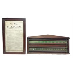 Late 19th/early 20th century E.J. Riley Ltd of Accrington billiard score board, housed in brass-mounted mahogany case, together with a Riley framed rules sheet, board L89cm