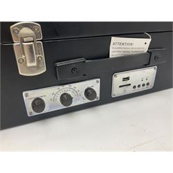 Large quantity of vinyl LPs, predominantly rock and pop, to include Elvis, Elton John, The Kinks, Deep Purple, Eurythmics, Whitney Houston, Phil Collins, Rolling Stones etc, in three boxes, together with quantity of 45 rpm records, Steepletone SRP1R-11 record player and record carry case