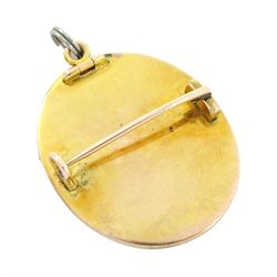 19th century 9ct gold seed pearl brooch/ pendant, set with an oval miniature of a woman, on ivory, under a glazed panel, with a seed pearl surround. This lot has been registered for sale under Section 10 of the APHA Ivory Act