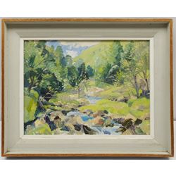 Thomas McAndrew (Northern British 1916-2002): River Landscape, oil on board signed, artist's address label verso 29cm x 39cm 
Notes: Tom McAndrew was founder of the Hartlepool Art Group