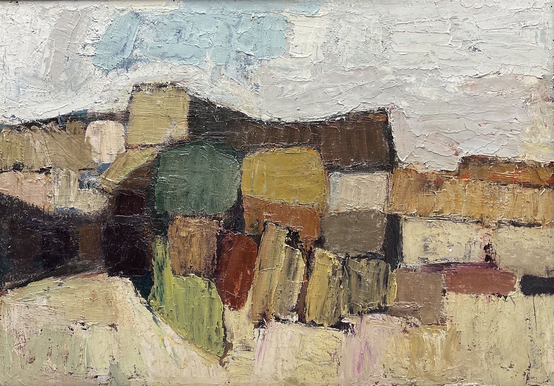 John Ellison (British 1932-2005): 'Yorkshire Landscape', oil on board, titled verso on artist's address label 'Fern Cottage, High Street, Scalby, Scarborough' 60cm x 85cm 
Notes: Ellison was a part-time lecturer within the Art Department of Scarborough Technical College in the 1960s, before moving on to become a Senior Lecturer at Guilford School of Art.
