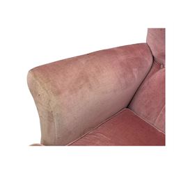 Paul Conti for G-Plan - 'Blofeld' Model 6250 swivel wingback armchair, upholstered in pink velour button back fabric, on teak base with castors