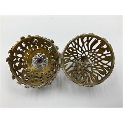 Modern silver limited edition Easter egg, no. 70/500, the gilt openwork body decorated with cascading bluebells and hinged cover with pierced circular panel set with a single faceted purple stone, opening to reveal a gilt interior, upon silver stand with three scrolling pad feet, each hallmarked St James House Company, London 1981, height including stand 8cm