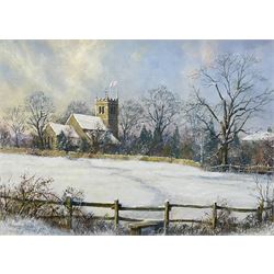 Stephen Maude (British 20th century): Collingham West Yorkshire in Winter, oil on board signed and dated 1995, 38cm x 53cm