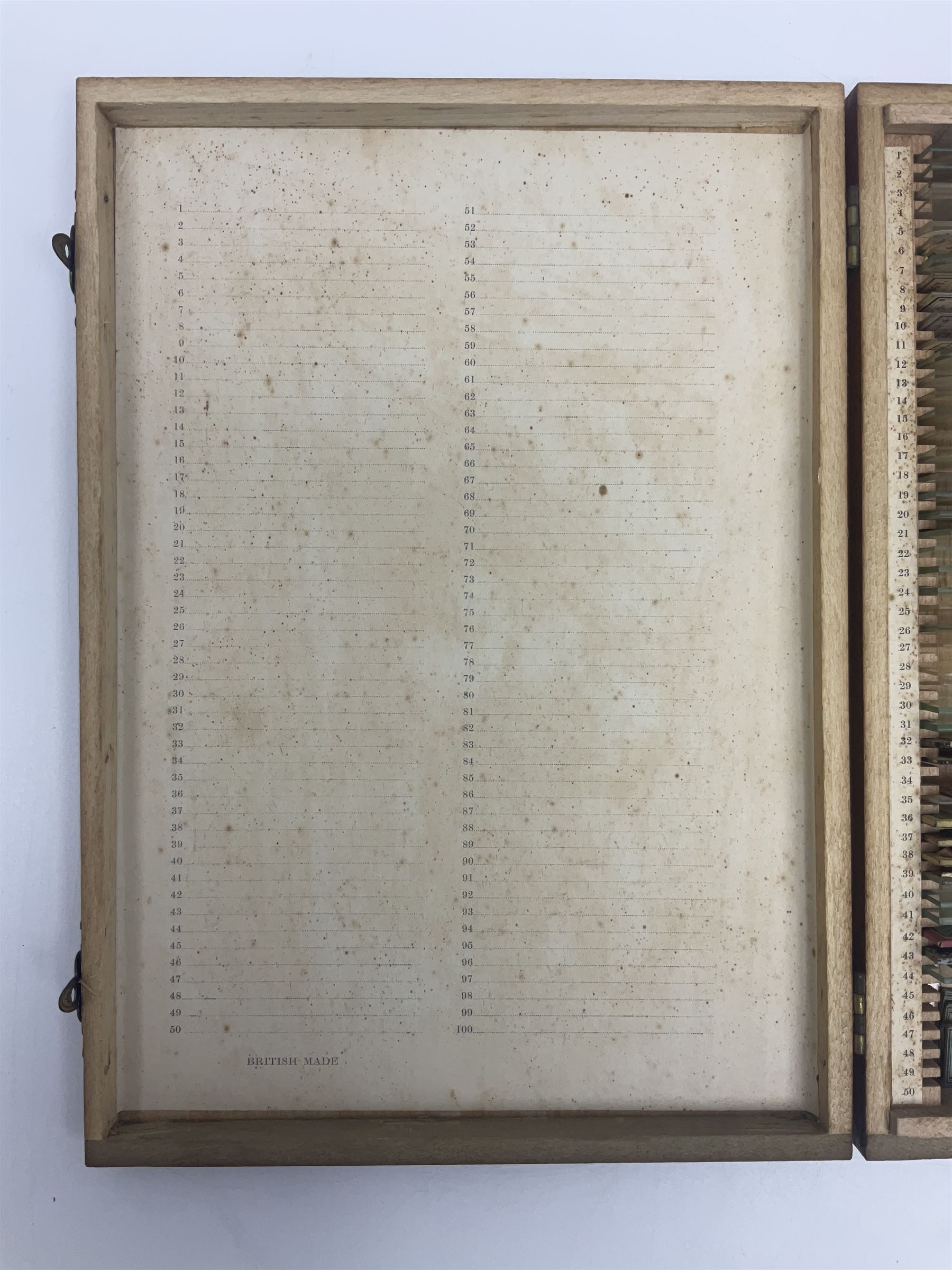 R & J Beck London microscope, model 7597, contained in fitted case, together with a boxed collection of glass microscope biological sample slides