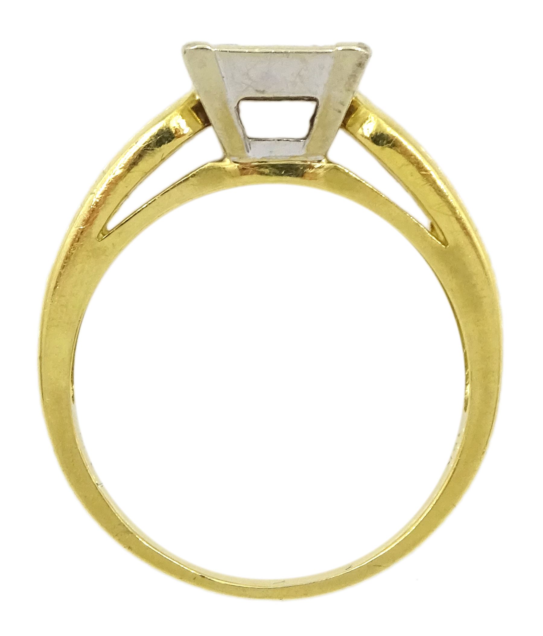 18ct princess cut diamond cluster ring, with round brilliant cut diamond shoulders, stamped 18KT, total diamond weight 1.00 carat