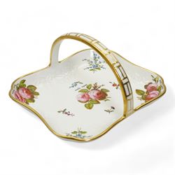 Early 19th century Spode porcelain basket, hand painted with pink roses and forget me nots and inscribed 'Walk Upon', L20cm, together with a similar Spode spill vase, two other spill vases, painted with flowers and castle, H10.5cm and an early English porcelain jug inscribed W & M West 1831, H16cm (5)