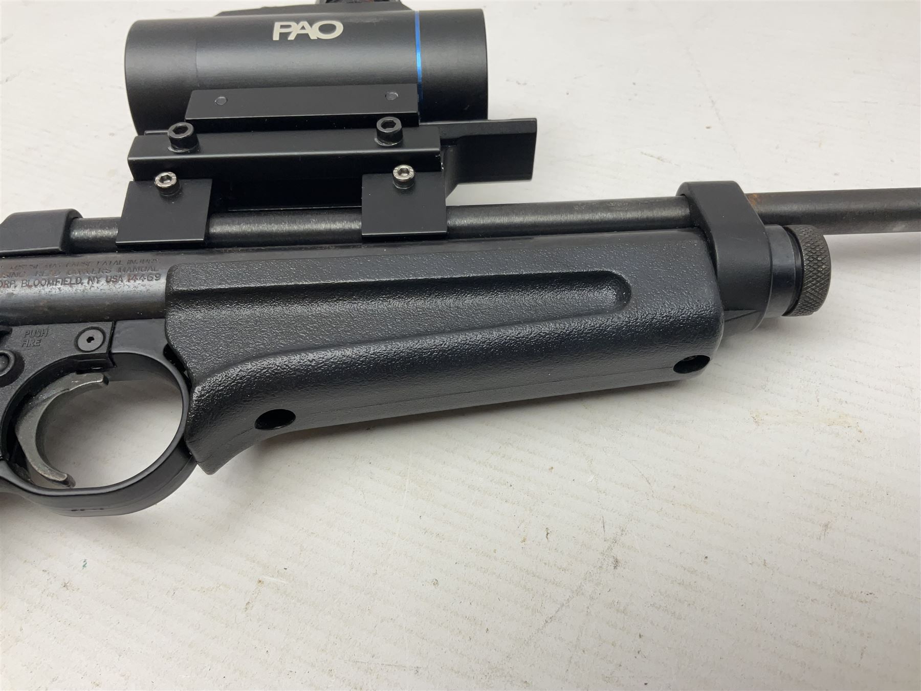 Crosman Model 2250B .22 cal. CO2 rifle, with PAO red dot sight and skeleton stock, serial no.221B76447, L77.5cm overall  NB: AGE RESTRICTIONS APPLY TO THE PURCHASE OF AIR WEAPONS.