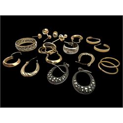 9ct gold earrings, including hoop earrings and knot earrings, together with a 9ct gold paste set eternity ring and a pair of silver marcasite earrings 