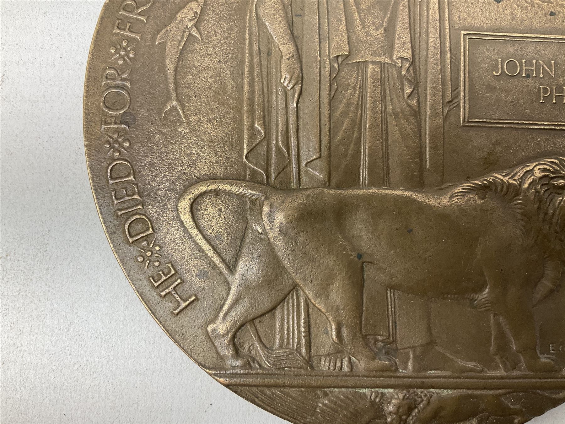WWI bronze death plaque - John Stuart Phelps
