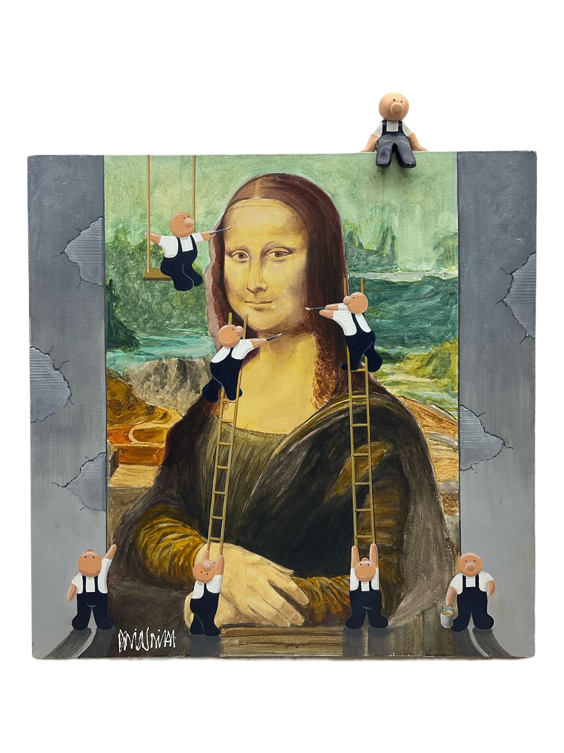 David Smith (British Contemporary): 'Blokes - Mona Lisa', acrylic on canvas signed, with painted wooden figure seated atop, 61cm x 61cm