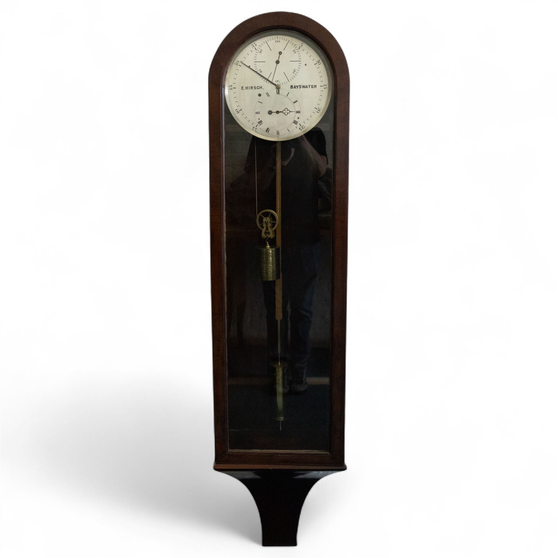 Hirsch of Bayswater-Fine late Victorian 8-day mahogany cased Jewellers regulator, wall mounted case with an arched top and tapering swept base, fully glazed door with visible pendulum and off-set brass cased weight, 10-1/2