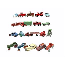 Various Makers - seventeen unboxed and playworn early die-cast models by LDGW, Maylow etc including road cleaner, clockwork breakdown truck, tractors, jeep etc; together with a cast-iron motorcycle cart and saloon car (19)