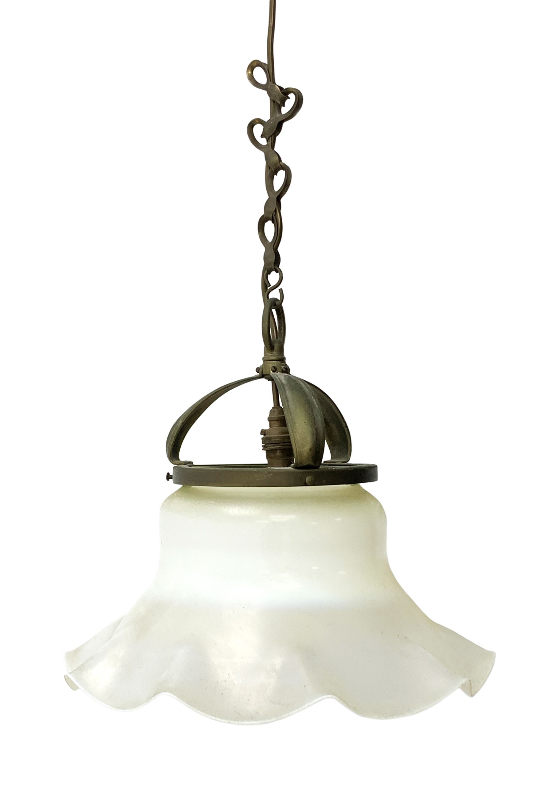 Large early 20th century Vaseline glass shade, with frilled rim and brass mount, rim D38cm