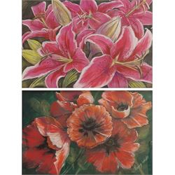 Penny Wicks (British 1949-): 'Lilies' and 'Poppies', two pastels signed, titled verso 33cm x 47cm and 31cm x 48cm (2)