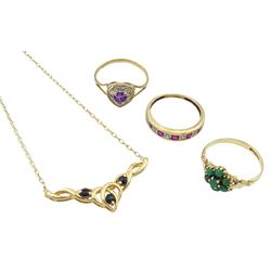 Gold sapphire necklace, ruby and diamond half eternity ring, turquoise cluster ring and a heart shaped amethyst ring, all 9ct