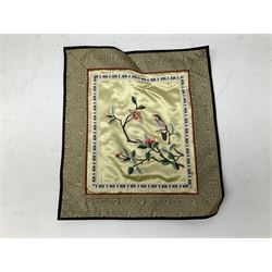 Six Chinese silks on fabric panels embroidered with birds on blossoming branches, along with three other Chinese painted silks 