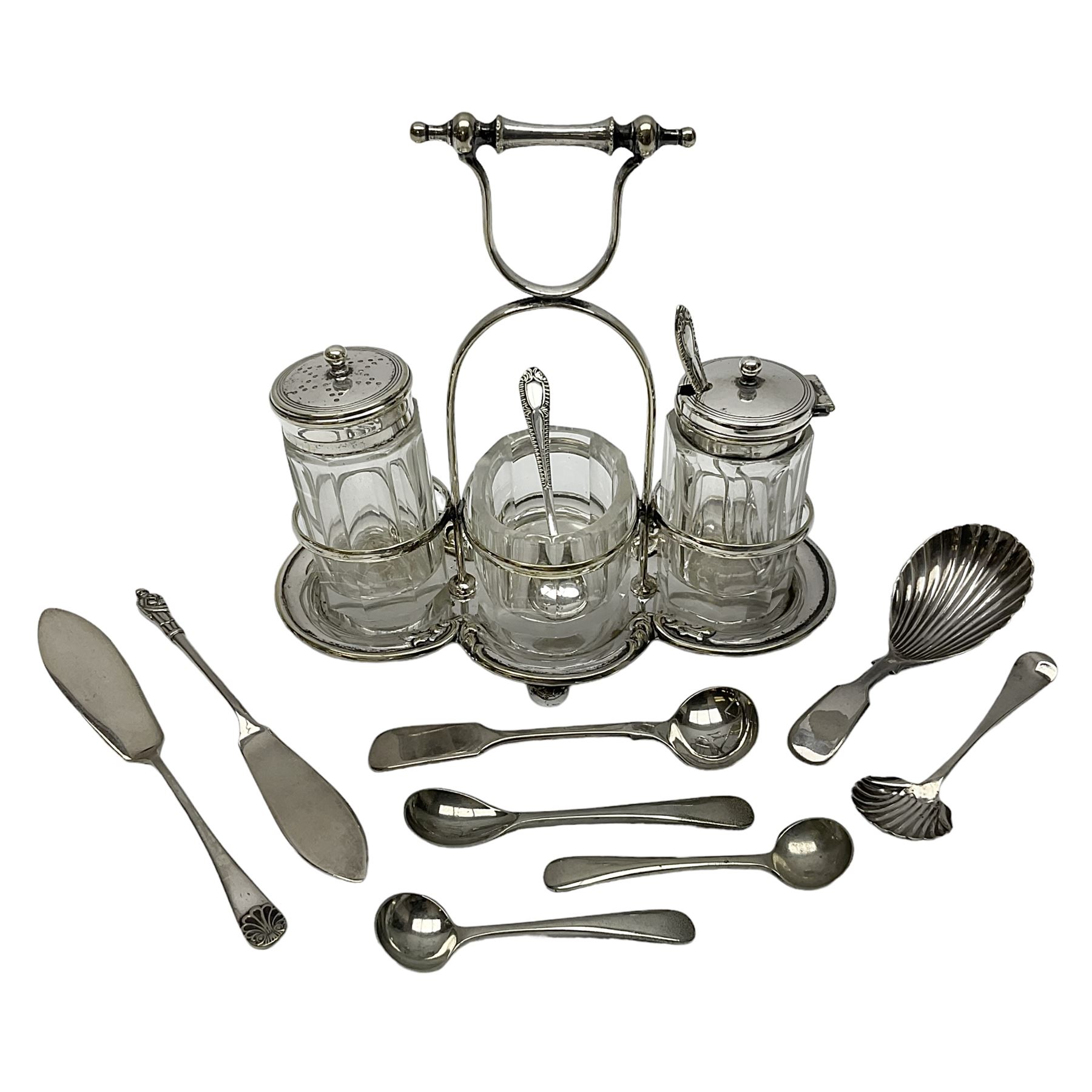 Sheffield silver-plated cruet set, comprising mustard pot, open glass salt and pepper pot on stand, together with a collection of silver plated spoons