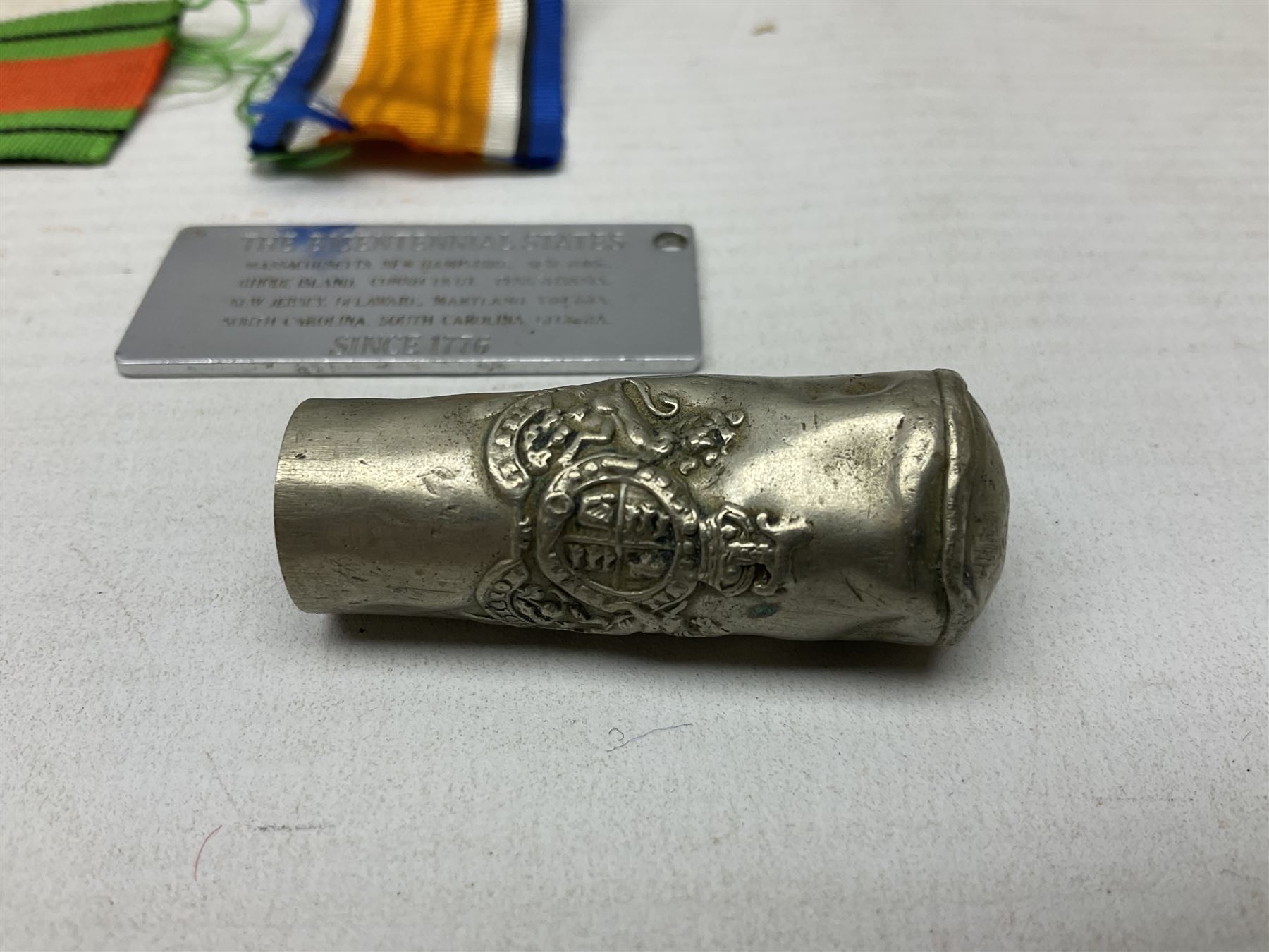 Miscellaneous militaria including two Royal Artillery and one Royal Horse Artillery stable belts; Northamptonshire Regiment trench art brass shell case lighter; unused Matchless Fire-Set; pocket knives and multi-tool; lanyards; oak shield with York & Lancaster crest etc