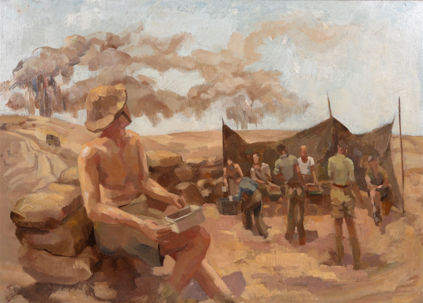 David S M* (British 20th Century): Siege of 'Tobruk - 1941', oil on board, indistinctly signed and titled verso 54cm x 76cm