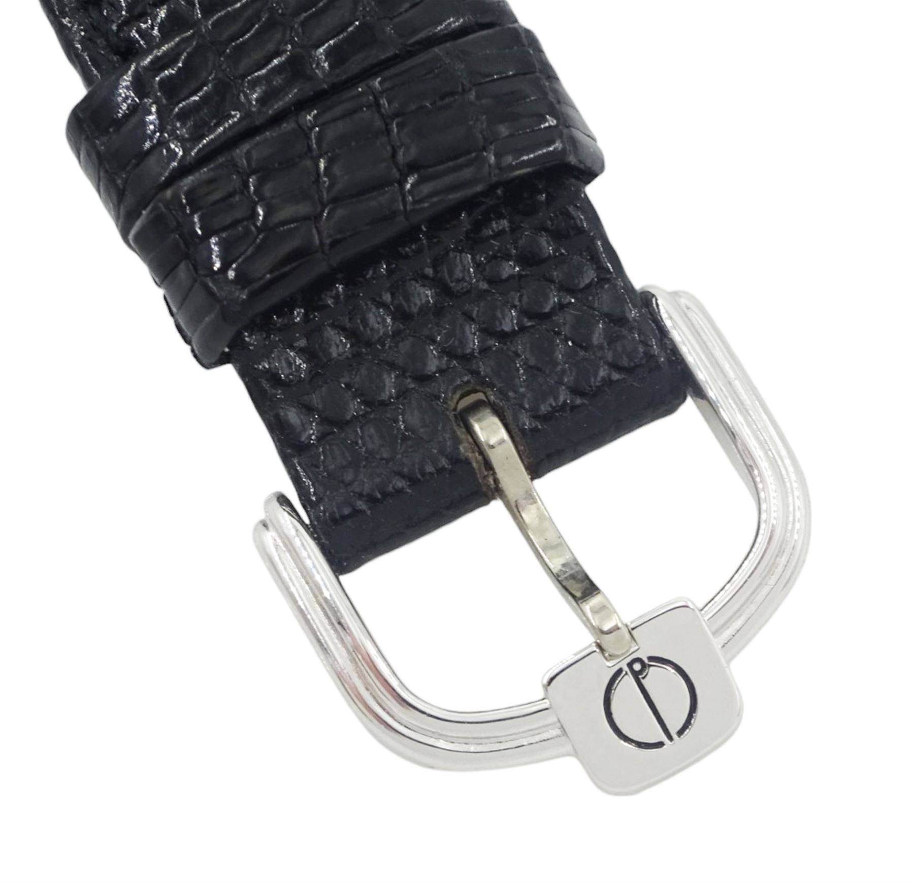 Alfred Dunhill gentleman's stainless steel manual wind wristwatch, silvered octagonal dial with Arabic hour markers, on original black leather strap, with original buckle, boxed