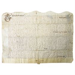 Two pages of 16th century German text referencing Columbus 31cm x 19cm, Charles I Confirmation Deed indenture 1627, King James indenture and a 19th century Mortgage indenture Collins to Stonehouse