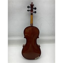 Four student violins - two Chinese three-quarter size with 33.5cm and 34cm two-piece backs; Stringers of Edinburgh quarter size with 28cm two-piece back; and Stentor quarter size with 28cm two-piece back; each in carrying case (4)