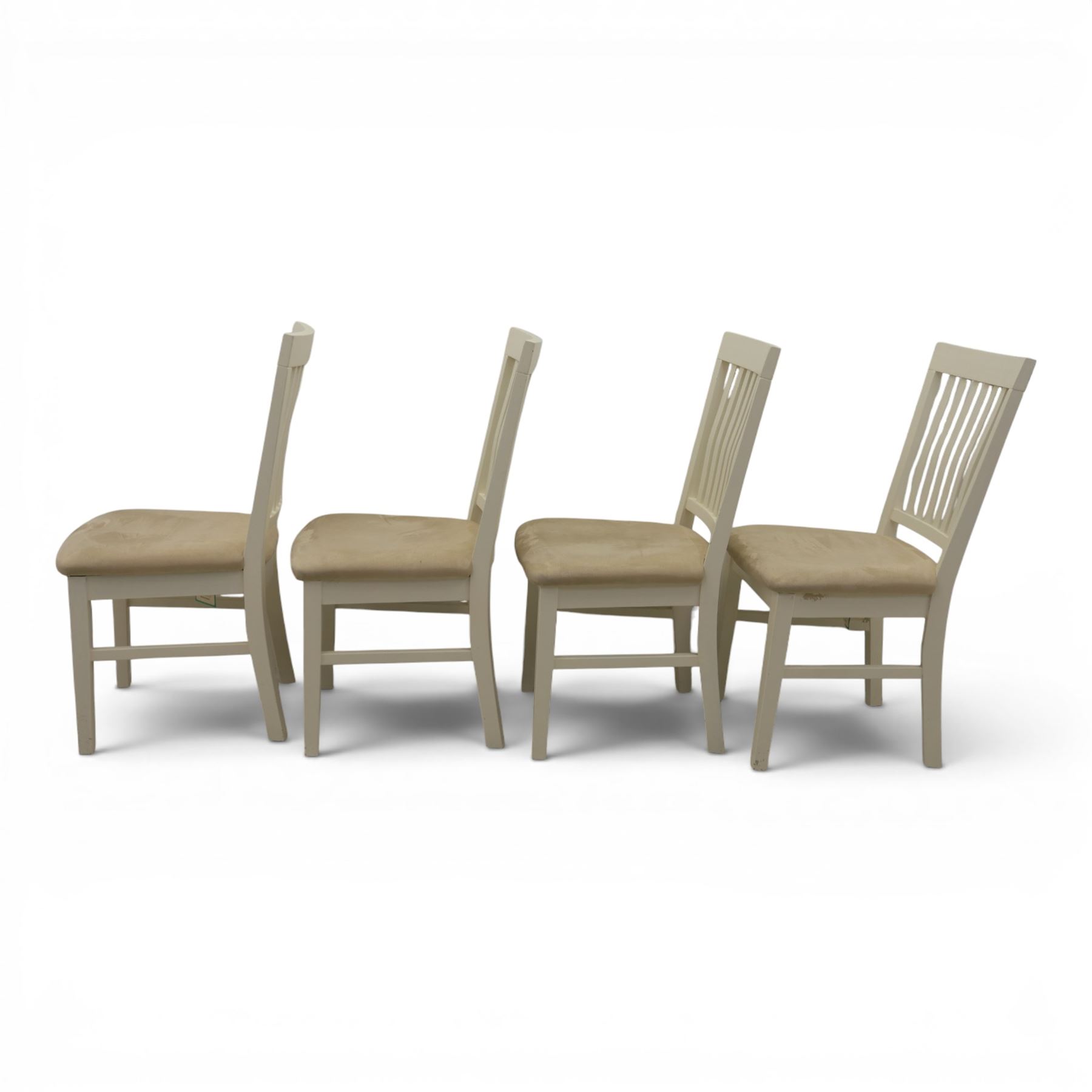 Contemporary Oak fold-over leaf dining table and four chairs, square top extending to a rectangular top 200cm, four white dining chairs with upholstered and padded seats