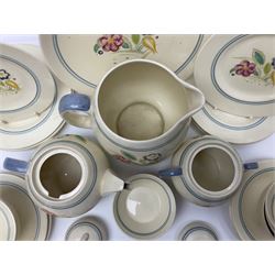 Susie Cooper Nosegay pattern tea service, teapot, eight cups and saucers, six dessert plates, three graduating jugs, covered twin handled sucrier, open sucrier  and cake plate 