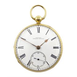 Victorian 18ct gold open face duplex fusee pocket watch by William Johnson, Strand London, No. 7681, white enamel dial with Roman numerals and subsidiary seconds dial, engine turned case, makers mark L C, London 1849