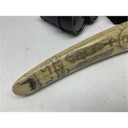 Horn handled magnifying glass and letter opener cased set, replica Scrimshaw in the form of a tusk titled The Ship Charles W Morgan New Bedford and pair of binoculars