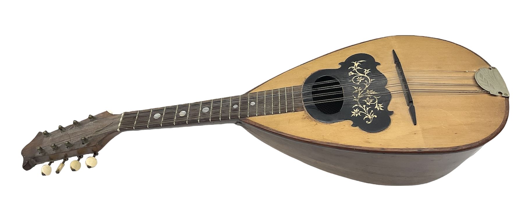 Italian mandolin, with foliate inlaid scratchplate, paper label inscribed 'Carlo Loveri & Figlio of Napoli', L62cm