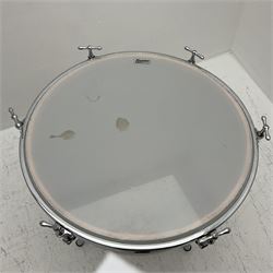 Timpani drum with coppered finish to the bowl, marked 'BS 3499' underneath, three adjustable tubular legs and Premier head D67cm