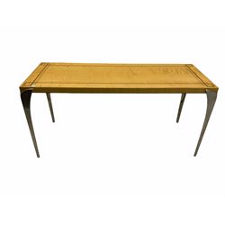 Italian maple console table, satin chrome legs, inlaid top