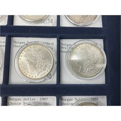 Twelve United States of America silver Morgan dollar coins, dated 1878 S, 1879 S, 1880 S, 1881 S, 1882 O, 1883 O, 1884 O, 1884 CC, 1885 O, 1886, 1887 and 1888
