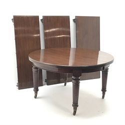 Spillman & Co. London - large Victorian mahogany extending dining table with three additional leaves, on turned and reeded supports with ceramic castors, ivorine label to underneath 'Spillman & Co. St. Martins Lane, London', diameter - 137cm (closed), L302cm (with all leaves)