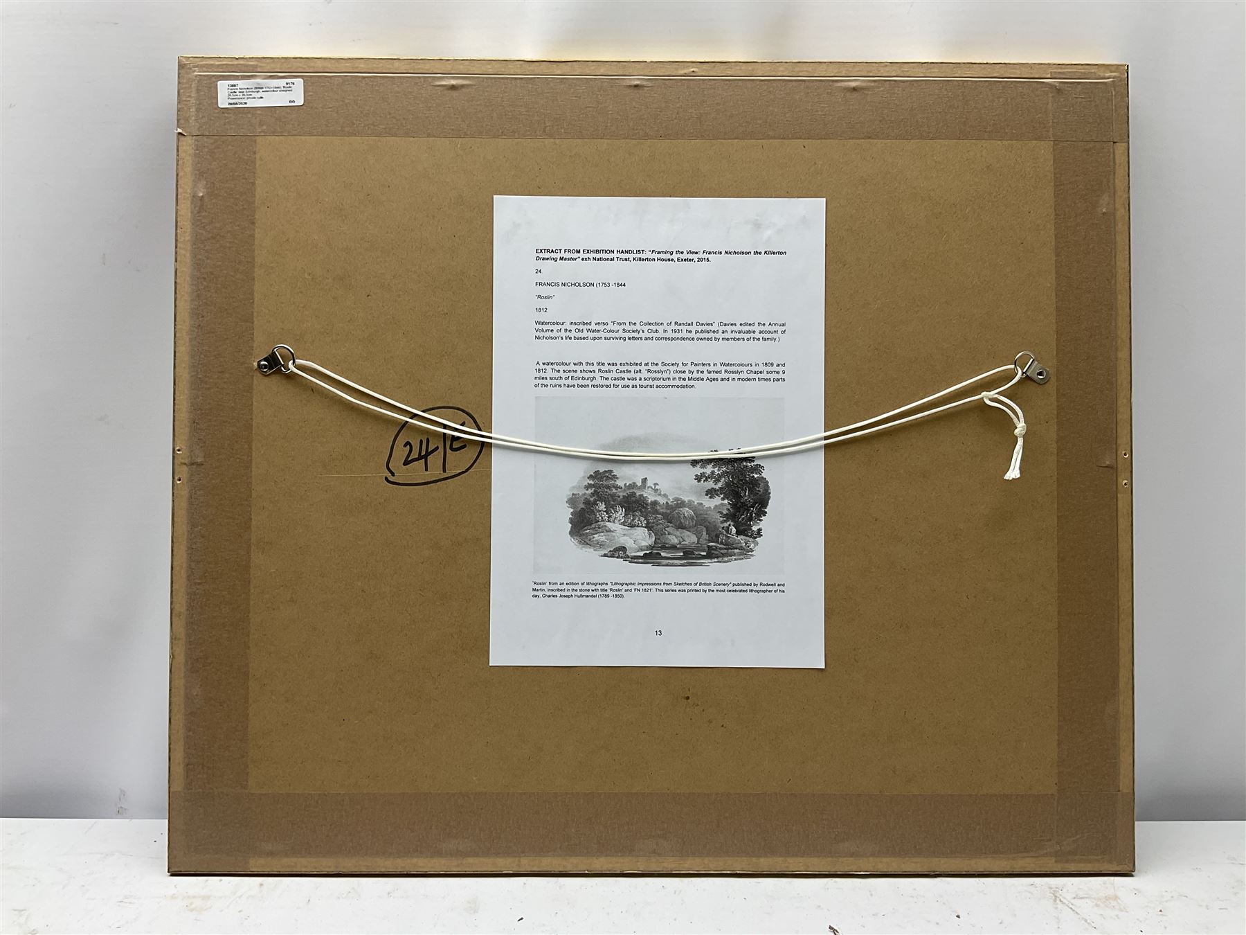 Francis Nicholson (British 1753-1844): 'Roslin Castle' near Edinburgh, watercolour unsigned 29.5cm x 39.5cm
Provenance: private collection; exh. The National Trust Killerton House Exeter 2015 'Francis Nicholson the Killerton Drawing Master'; inscribed verso 'From the Collection of Randall Davies'. Davies edited the annual volume of the Old Watercolour Society's Club, in 1931 he published an invaluable account of Nicholson's life based upon surviving letters and correspondence owned by members of the family