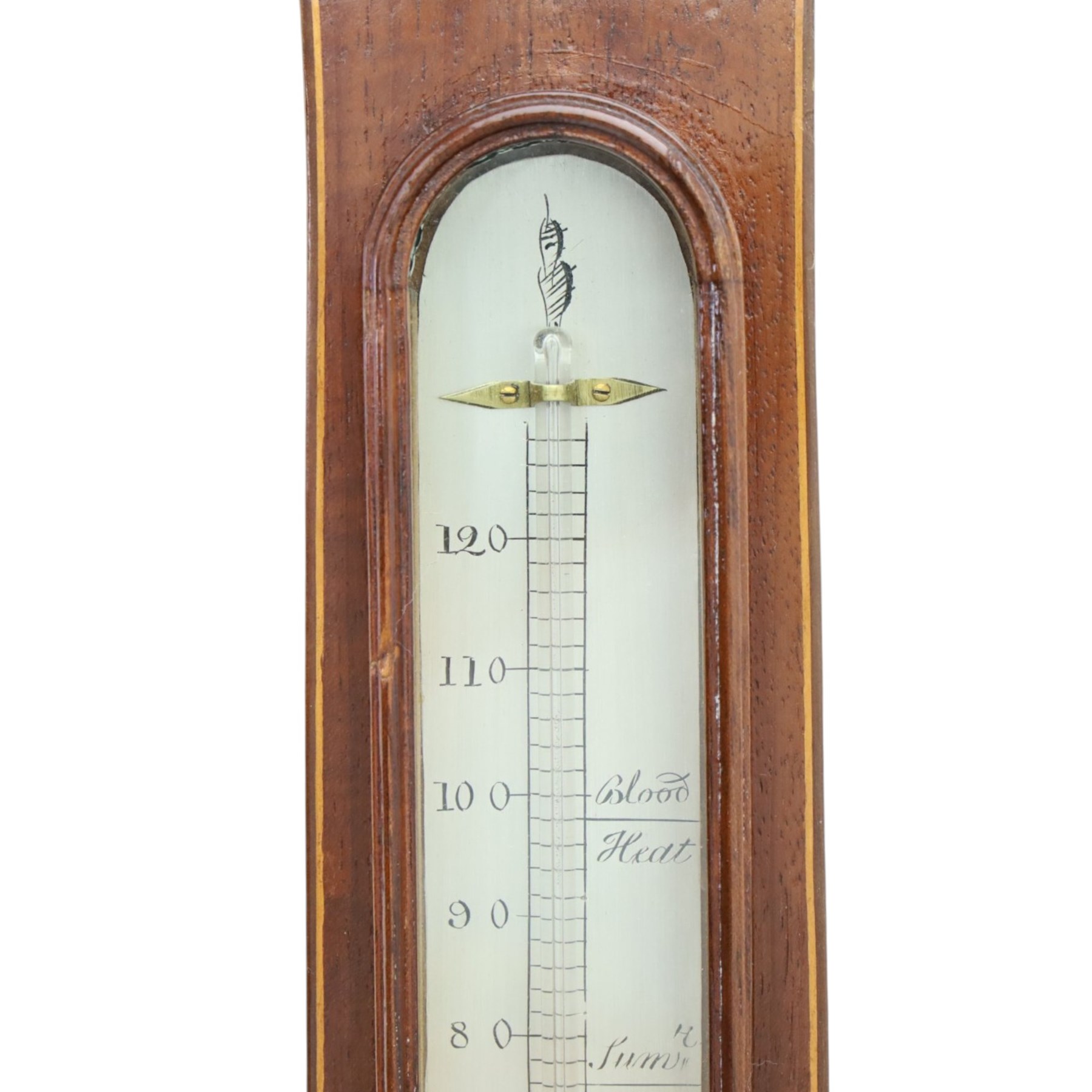 L. Solcha & Co. of Hull - 19th century Sheraton Revival mahogany wheel barometer, the swan neck pediment above a floral inlaid medallion and thermometer, with further shell inlay flanking the stem, the circular silvered dial above a shaped terminal, H 99cm