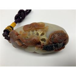 Chinese hardstone carving of a fish amongst coral, with platted rope handle, together with other hardstone and soft stone carvings  