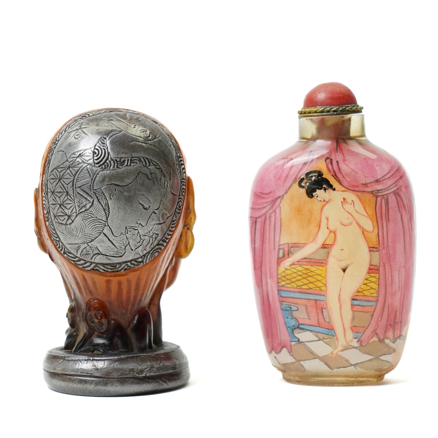 Chinese rock crystal figure of a deity with peaches, H12cm, a Japanese Shunga erotically carved seal, H7cm, an erotically painted Chinese scent bottle, H8cm, Japanese satsuma vase, H16cm and a Chinese famille vert teacup, H6.5cm(5)