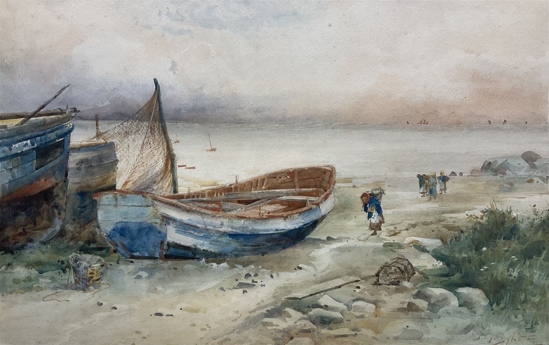John Guttridge Sykes (British 1866-1941): Fishing Cobles on the Beach, watercolour signed 33cm x 51cm
