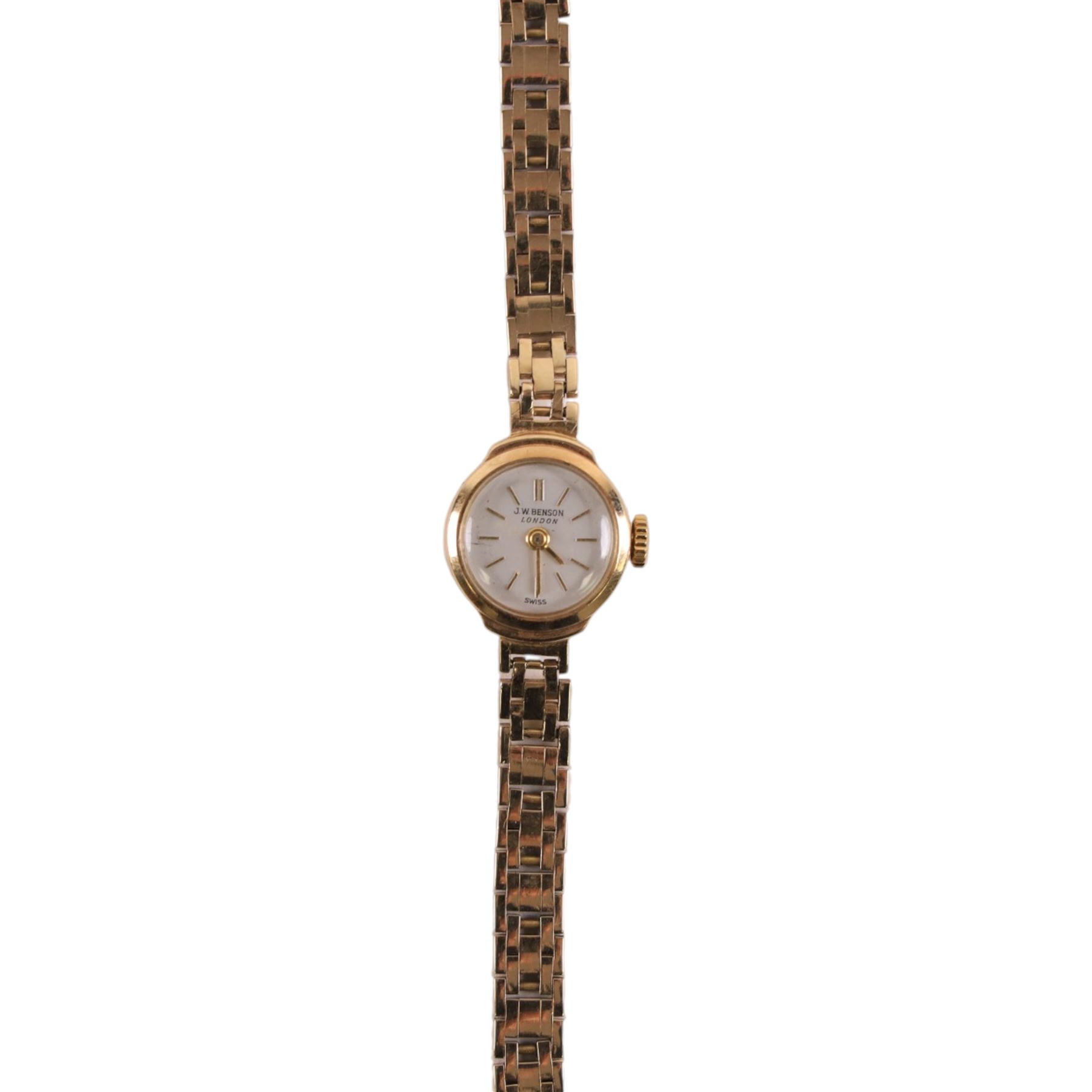 J W Benson ladies 9ct gold manual wind wristwatch, on 9ct gold bracelet, hallmarked, boxed