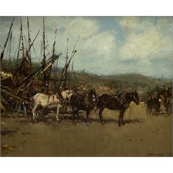 Ken Moroney (Anglo Irish 1949-2018): Working Horses and Boats on the Beach, oil on board signed 24cm x 29cm 