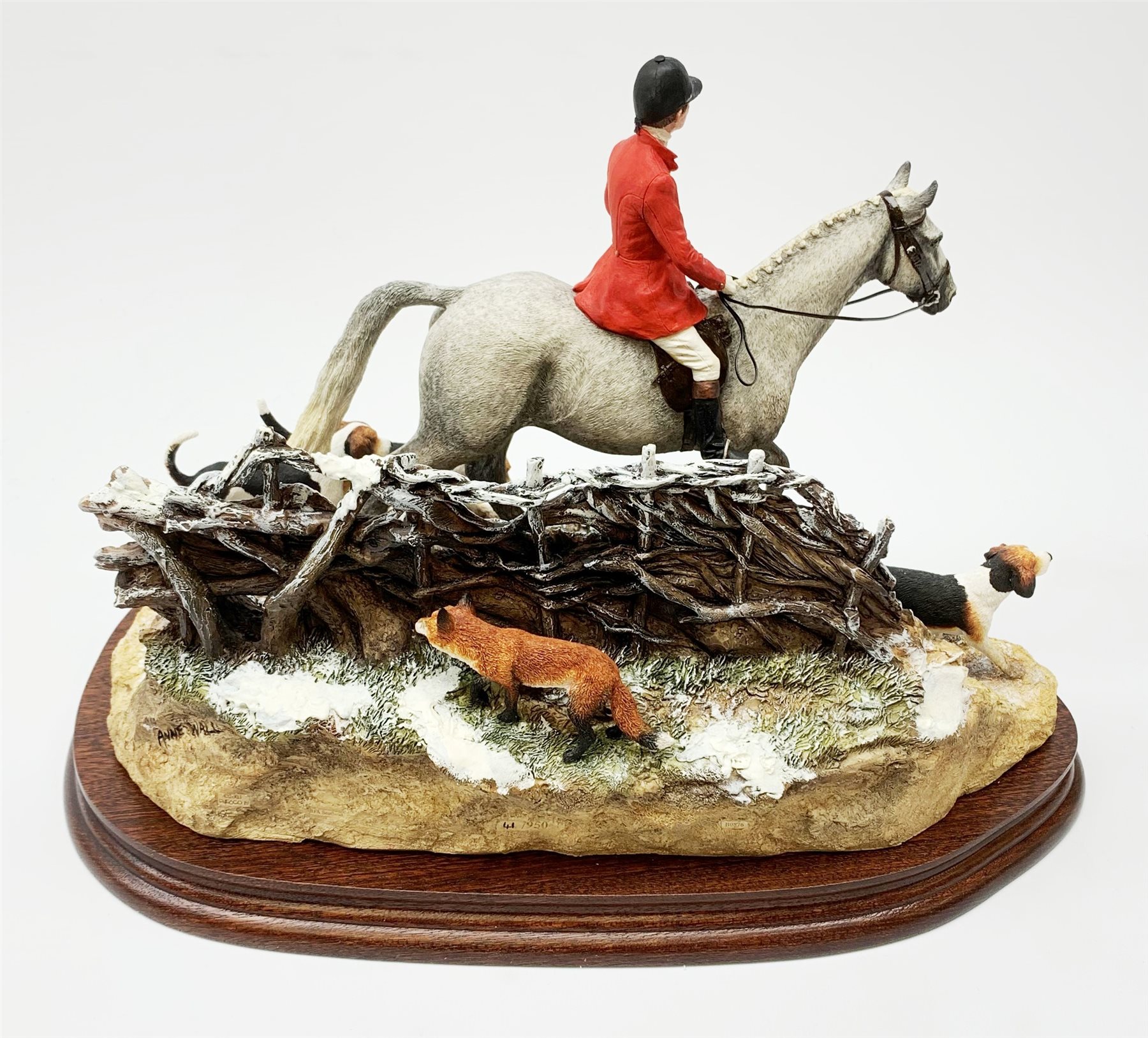 A limited edition Border Fine Arts figure group, Boxing Day Meet, Grey, model no B0876A by Anne Wall, 41/950, on wooden base, figure L33cm, with accompanying certificate. 