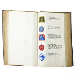Folder containing a comprehensive collection of watercolours of WWII military emblems including U.S.Army Insignia, British Chevrons, Division Insignia, U.S. Army Divisions, Medals, Weapons etc with typed information, approximately sixty five pages with many illustrations  probably late 1940s/ early 1950s 